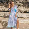 Cotton Beach Dress Women Cover ups Print Saida de Banho Para Praia Sarong Robe Plage cover Tunic #Q652 210420