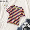Short Sleeve Knitted Graphic T Shirts Women Korean Rainbow Stripe Tee Tops Casual Summer O-neck Tshirt 6F390 210603