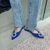 Sandals Fashion Women Pointed Toe Black White Green Blue Rhinestone Ring Design Flats Heeled Back Strap Summer Shoes 41