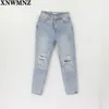 Za Vintage Mom Jeans High Waisted Woman Ripped Pojkvän för Kvinnor Koreansk stil Bekymrad Blå Denim Pants 210616