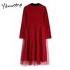 yitimuceng Red Midi Dress女性ファッション服ソリッドスプリングビンテージAラインハイウエスト長袖オフィスレディカジュアル210601