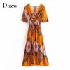 Moda Mulheres Impresso Vestido Longo V Pescoço Cintura Elástica Verão Vestidos Boho Ruffle Manga Curta Vintage Plissado Midi Vestido 210414