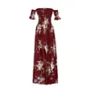 Women Chiffon Split Dress Off Shoulder Short Sleeve Summer Midi Dresses Flower Print Plus Size S-5XL