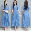 High Quality summer fashion temperament women O Collar Flower Printed short Sleeve Chiffon Long Dress 210531