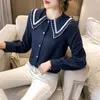 Dames Corduroy Shirt Elegante Koreaanse stijl Lange mouw Single Breasted Doll Collar Dames Casual Blouse Vrouw 210428