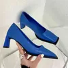 Fashion Women Pumps Square Toe Shallow Slip On Pumps Thick High Heels Office Shoes Woman Blue/Black/White Fashion Party Shoes 210513