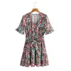 H.SA Dames Jurken Zomer Sexy V-hals Floral Print Boho Beach Ruche Korte Mouw Een Lijn Mini Jurk Wrap Sundress 210417