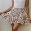 Leopard print ruffle mini skirts womens summer beach holiday chiffon high waist green lace up elastic plus size 210427