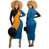 Casual Dresses Chic Elegant Color Block Stitching Wrap Dress Women Half High Necked Long Sleeve Vestidos Vintage Female Bodycon Party Club R