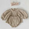 Herfst baby kleine plaid baby kleding set zomer bladerdeeg mouw blouse bloeier 2 stks peuter meisjes pak 210417