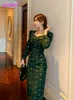 Темно-зеленое креповидное платье женское талия похудения осень и зимний темперамент тонкий бедро сумка 210416