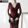 SZMXSS Version coréenne automne vêtements pour femmes col en v plissé mince imprimé robe crayon à manches longues Mini robes 210623