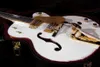 Biały Falcon Single Cutaway Semi Hollow Body Jazz Gitara Electric Guitar Grover Cesarski tunery, Oversized Bound F Holes, Gold Sparkle Binding, Bigs Tremolo Bridge