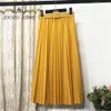 Élégant plissé solide une ligne jupe avec ceintures femmes hiver printemps taille haute Vintage Harajuku solide Midi longues jupes décontracté Simpl 210518