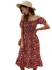 Kwiatowy Drukuj Boho Sukienka Sexy Bez Ramiączek Slash Neck Krótki Rękaw Kobiety Sukienki Vestidos Off Ramię Beach Summer Midi Dress Mujer 210507