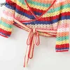 多色縞模様のかぎ針編みのクロップトップの女性クロスVネック半袖ニットセクシーなラップフェムメ夏のBoho S Blusas LJPZ9279 210514