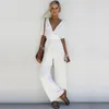 Women's Jumpsuit Sexy Cross Deep V Neck Half Sleeve Lace Up High Waist Wide Leg Pants Solid Elegant Autumn Chic Jumpsuits 210422