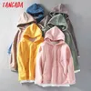 women woolen hoodie sweatshirts inside Lalambswool warm pocket winter oversize female patchwork hooded tops 7M1 210416