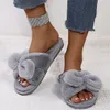 2021 Vinter Ny Inomhus Bow-Knot Kvinnor Fur Slippers Grå Rosa Solid Faux Fur Warm Plush Shoes Hem Ladies Fluffy Tofflor Y1120