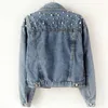 Chaquetas de mujer Perla Rebordear Denim corto Mujer Lavado Manga larga Vintage Casual Jean Chaqueta Abrigo Jeans Tallas grandes 5xl