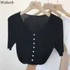 Botão de pérola V Pescoço Camisetas Mulheres Verão Casual Básico Manga Curta Tops Moda Elegante Camisola Fina Camisa 210519