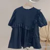 Mode Casual Round Neck Oregelbundna Ruffle Stitching Solid Färg Loose Short-Sleeved Blouse Kvinnor Sommar 16W1374 210510