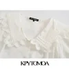 Женщины сладкие моды с кружевами белые поплин блузки слоеного рукава кнопки женские рубашки шикарные вершины 210420