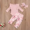 0-2Y Autunno Primavera nato Infant Baby Girl Flower Clothes Set lavorato a maglia manica lunga Ruffles pagliaccetto floreale Pant Abiti 210515