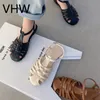 Femmes Appartements Sandales Diapositives Top Qualité D'été Casual Croix Tissage Fermé Bout Rond Chaussures En Cuir Vintage Mode Marron Femme Casual Chaussures