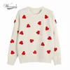 Primavera Bordado Coração Mulheres Camisola O-pescoço Kawaii Moda Pullover Loose Loxo Manga Longa Knitwear Fêmea C-257 211217