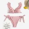 Sexy Ruffle Bikini Vrouwen Solid Swimwear Bow Swimsuit Braziliaanse Biquini Push Up Bikinis Pad Badpak Roze Mujer Micro Beach 210621