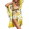 Damskie stroje kąpielowe damskie żółte cytryny z nadrukiem okrycie plażowe Up luźna bluzka Bikini Ups szlafrok z frędzlami