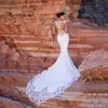 Satin Mermaid Boho Sexy Sleeveless V Neck Beaded hijab Bridal Dress Wedding Gowns Women Long Train5020477