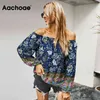 Off Shoulder Vintage Blouse Women Floral Print Bohemian Shirt Kvinna Långärmad Loose Casual Toppar Blusas Mujer 210413