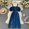 Women Fashion Retro Denim Dress Slash Neck Short Sleeve Hollow Buckle Slim Single Breasted Jeans Vestidos S388 210527