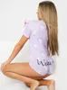 Mulheres Casa Playsuits Verão Sexy V-pescoço De Manga Curta carta Imprimir Slim Romper Sweet Sexy Senhoras Botões Bodycon Pijamas Jumpsuit 210507