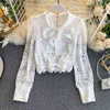 Kvinnor Söt Butterfly Kno Short Cut-out Lace Shirt Tops Lady Långärmad Vit Svart Elegant Blus L153 210527