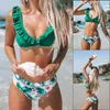 Sexy Floral Ruffled Hem Bikini Set Women Flora V-neck High-waisted Two Piece Swimsuit Girl Beach Bathing Suit Swimwear Biquinis 210629