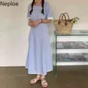 Neploe Woman Sweet Dress O-Neck Short Sleeve Plaid Maxi Dresses Korean Style Simple Casual Slim Waist Vintage Vestidos De Mujer 210422