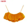 Women Sexy Orange Pleated V Neck Camis Crop Top Beach Spaghetti Strap Short Shirts Tops 4N42 210416
