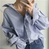 Spring And Summer Petal Sleeve Shirts Loose Medium and Long BF Blue White Striped Bottoming Blouse Women 210615