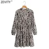 Zevity femmes Vintage col en V peau d'animal imprimé plis Mini robe Femme manches bouffantes boutonnage décontracté Chic à volants Vestido DS4677 210603