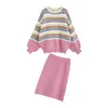 Kobiety Sweter i skoczkowie Knitting Swetry Spódnica Pink Paski Knitwear 2 Kawałki Garnitur Luźny Koreański Pull 210430