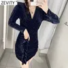 Zeefity Dames Sexy V-hals Pailletten Decoratie Fluwelen Slanke Mini Jurk Femme Chic Hem Geplooide Ruffles Merk Party Vestido DS4868 210603