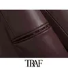 TRAF Women Fashion Faux Leather Blazer Coat Vintage Long Sleeve Welt Pockets Female Outerwear Chic Veste Femme 211116
