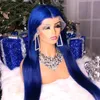 Blauw zijdeachtige rechte synthetisch haar 13x4 kanten frontale pruik met babyhair natuurlijke haarlijn middelste deel 26inch dray queen cosplayfactory direct