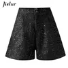 Jielur Women Shorts Autumn Winter Slim High Waist Shorts Black Womens Sequin Chic Korean Pockets Short Trousers S-XXL 210611