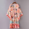 Rosa Boho Imprimir Vestes Banhando Terno Cover-Ups Plus Size Beach Wear Kimono Dress Túnica Mulheres Verão Swimsuit Cobertura A837 210420