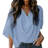 Jocoo Jolee Women Chiffon V-Neck Solid Pleated Flare Sleeve Loose Summer Casual Basic Pullover Elegant Blouse Office Lady Shirt 210619