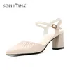 SOPHITINA Mature Women Sandals Ankle Strap Pleated Design High Quality Sheepskin Square Heel Shoes Fashion Buckle Sandals SO418 210513